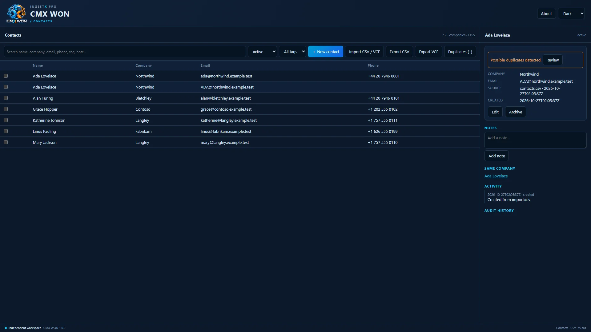 Actual CMX WON window: the contact list with a selected contact profile