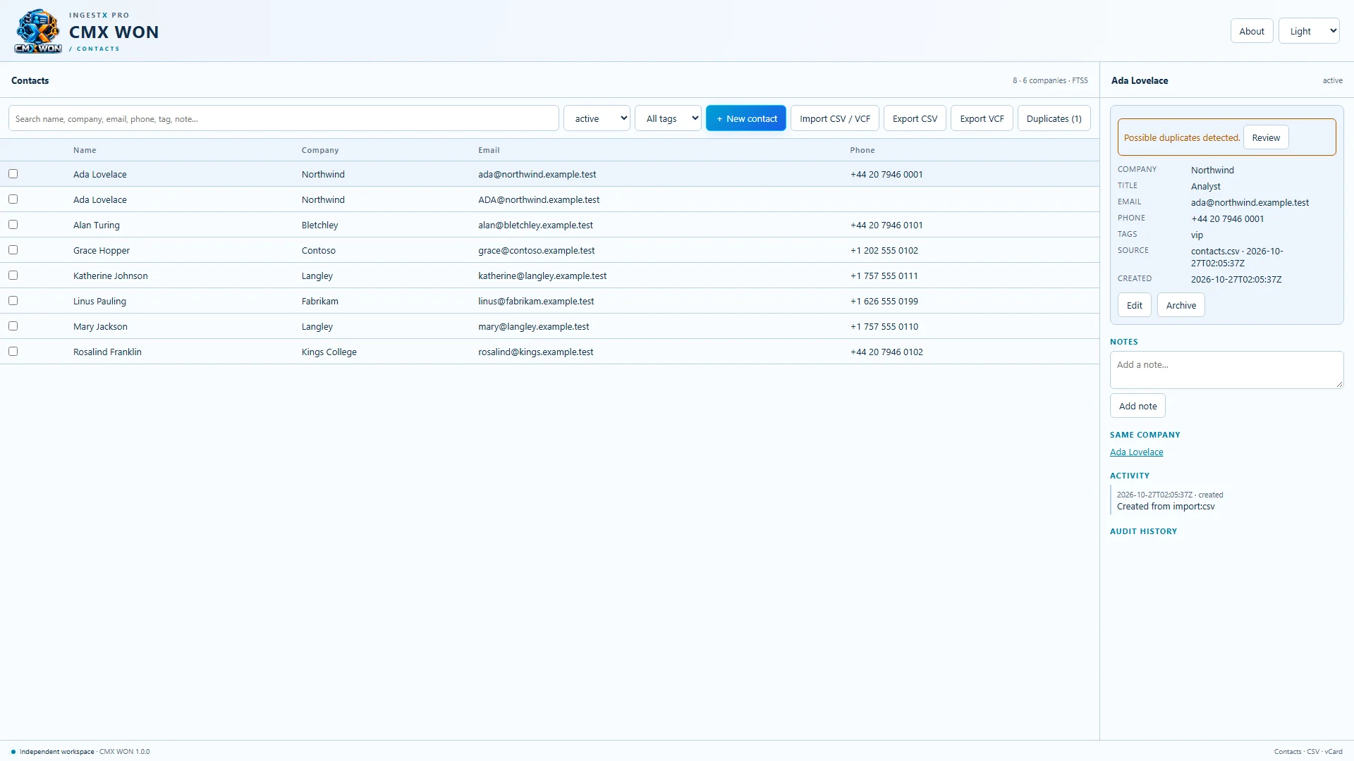 CMX WON in the light theme with the contact list and a profile