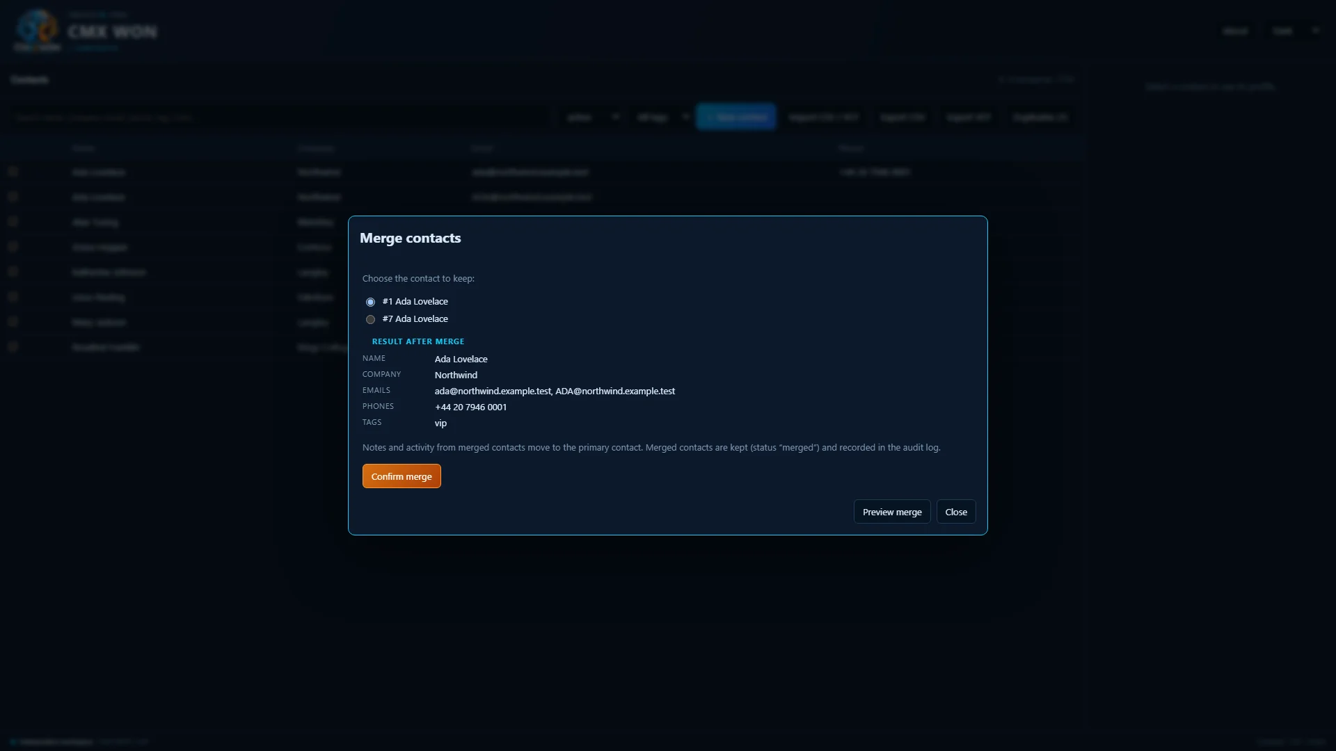 Merge preview showing which contact to keep and the merged result before confirmation