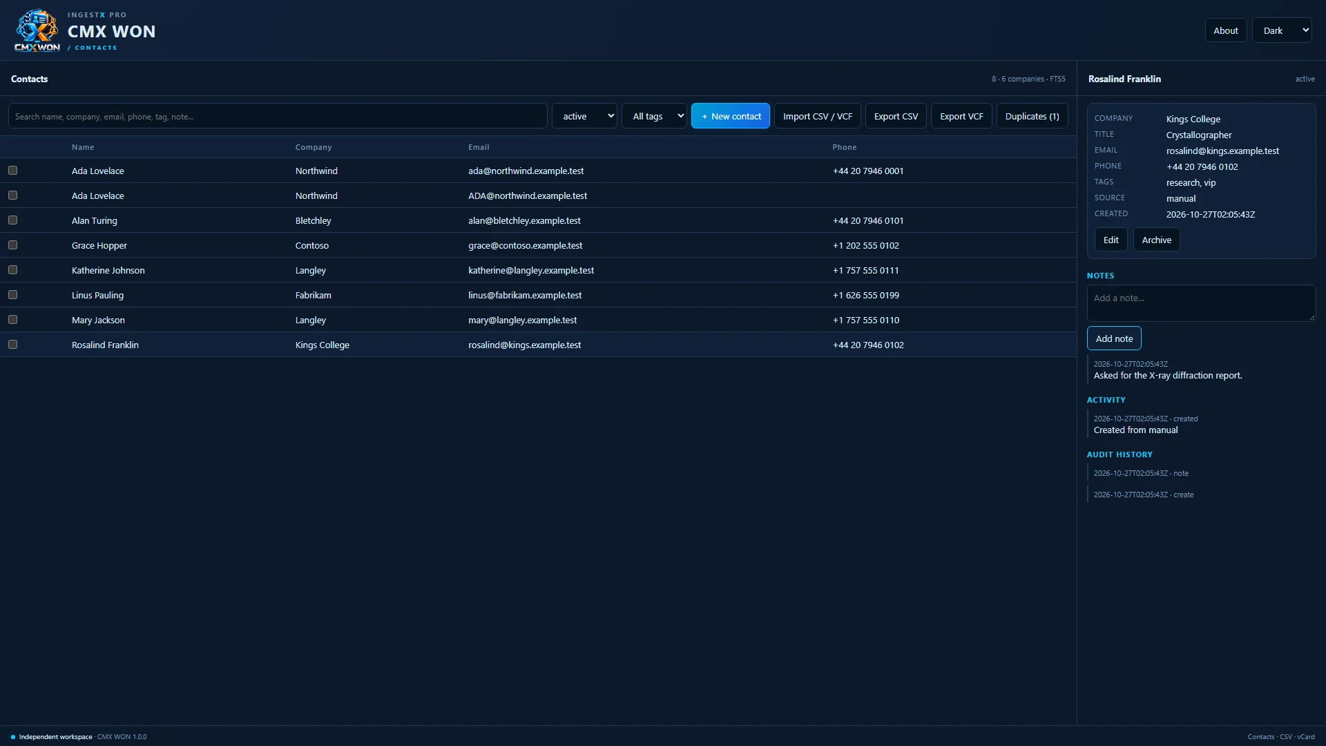 Contact profile with notes, activity and audit history