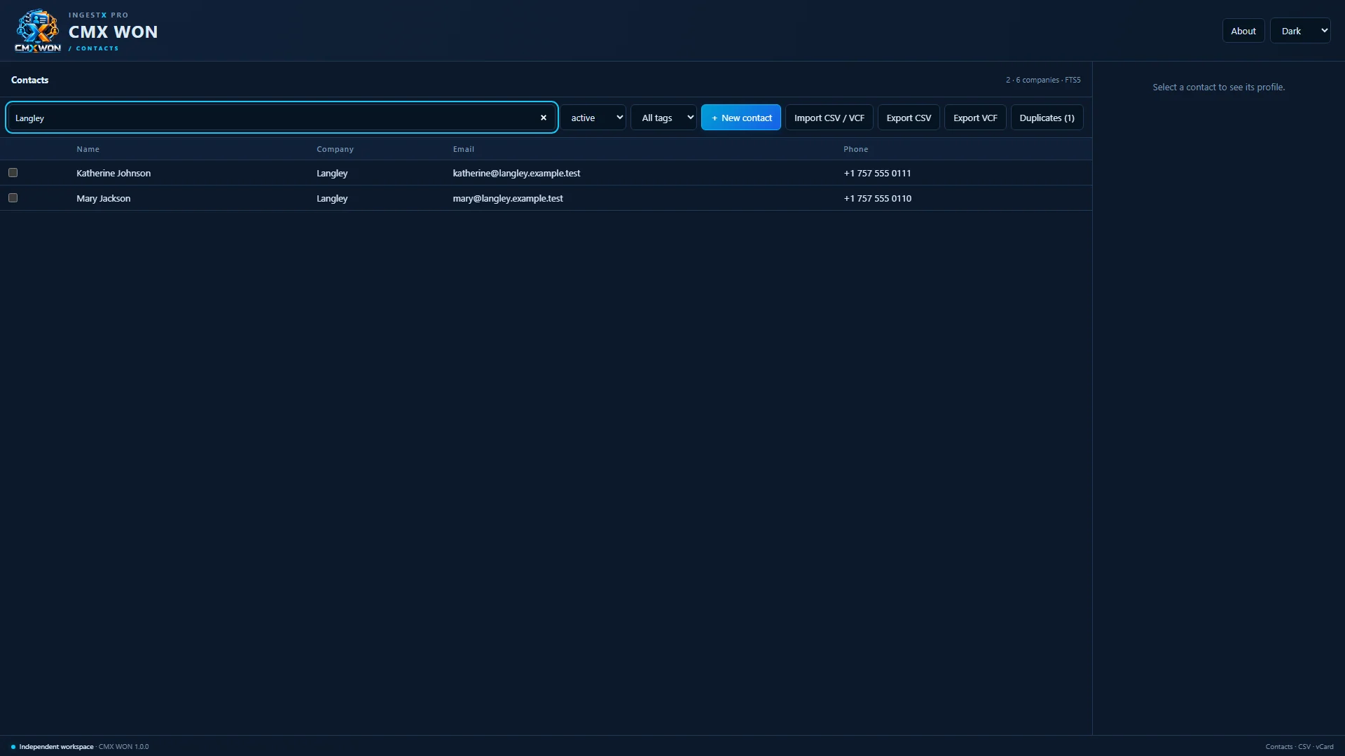 Contacts filtered by a search for a company name