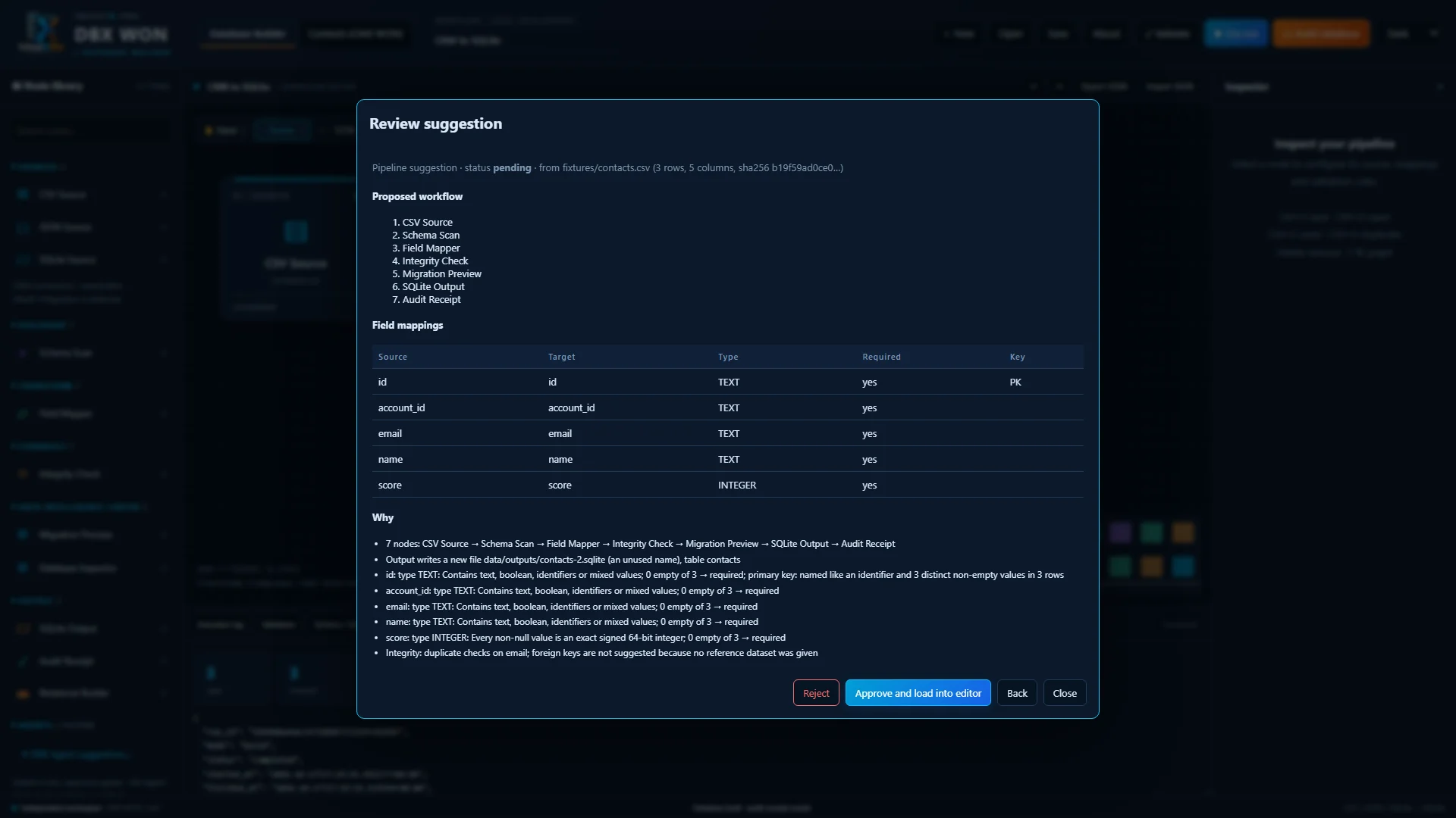 DBX Agent pipeline suggestion with proposed workflow, field mappings and reasons, waiting for approval