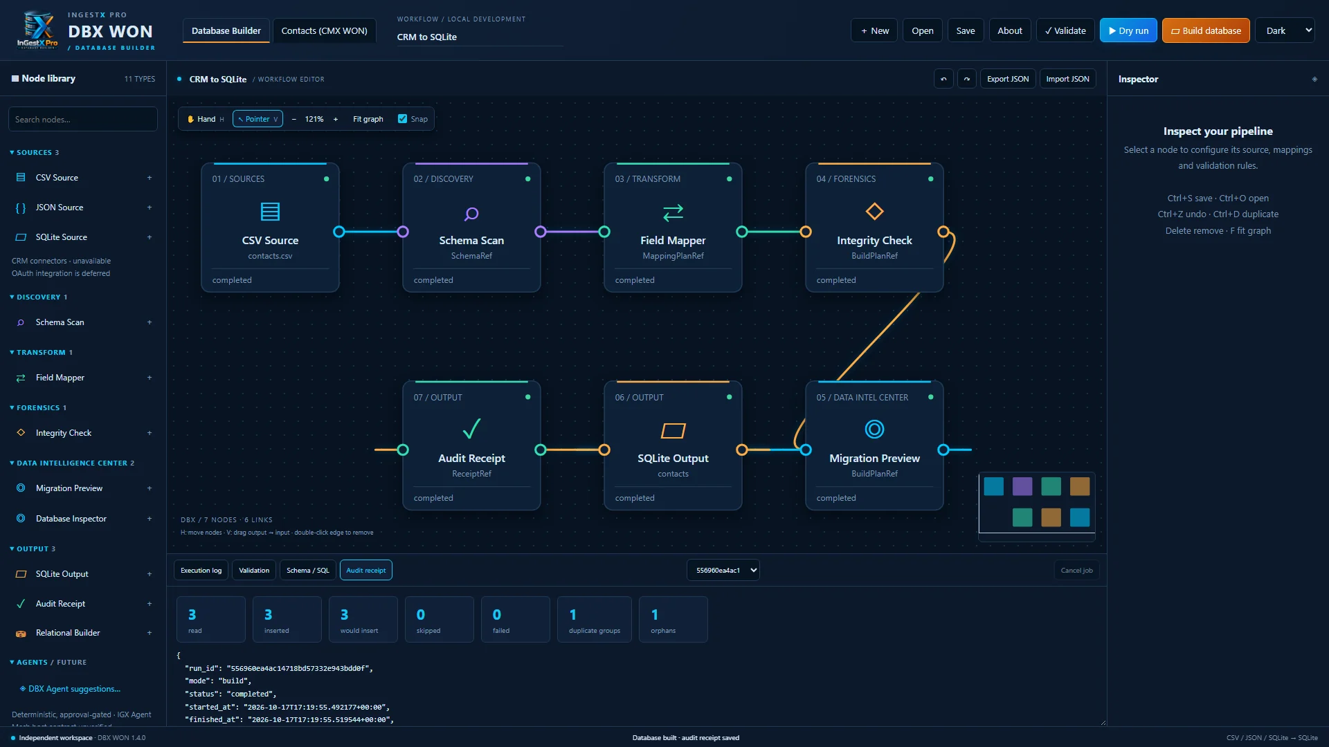 Completed build with read, inserted, skipped, duplicate and orphan counts and the audit receipt