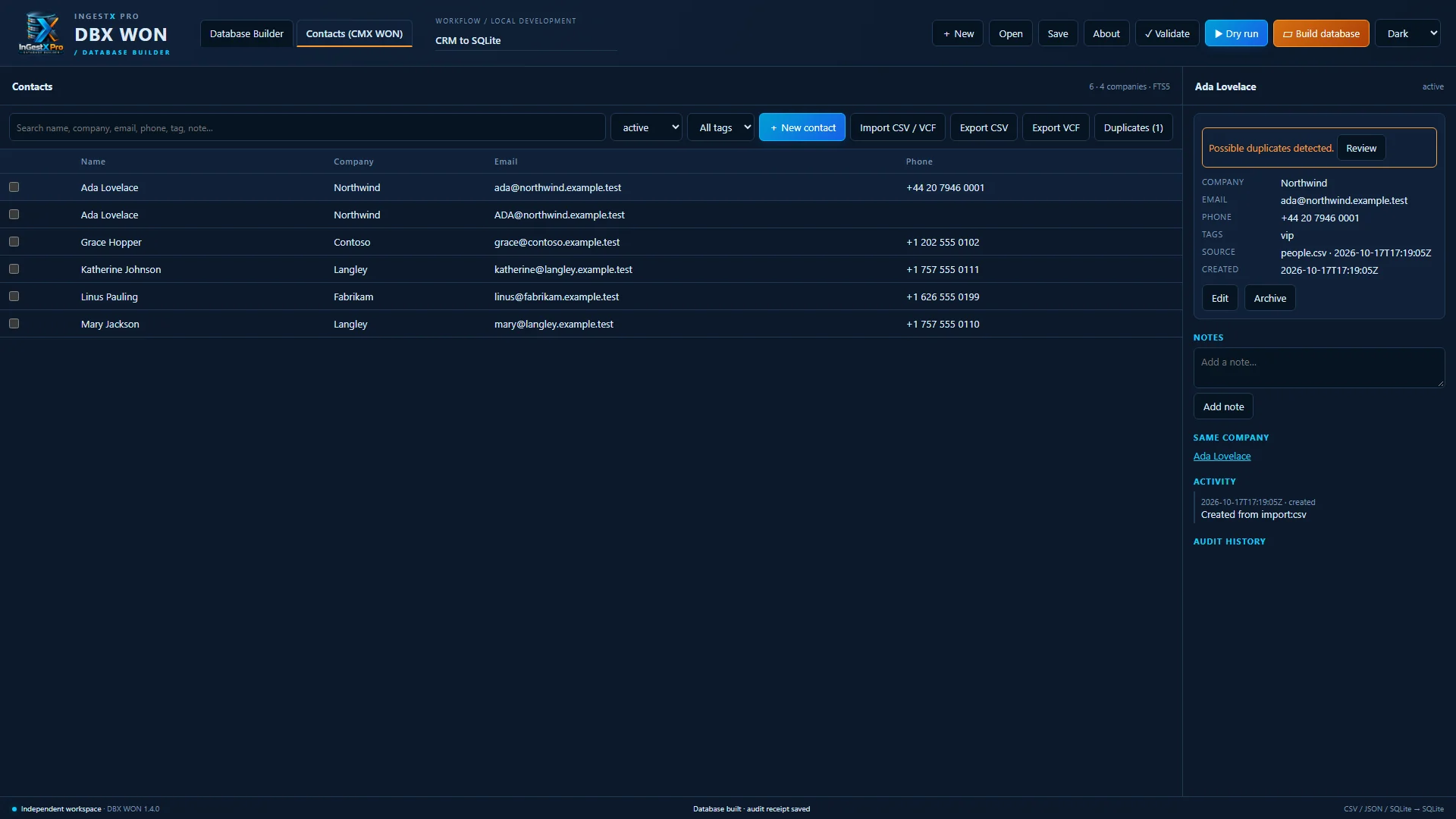 CMX WON contacts list with a contact profile and a possible-duplicate warning