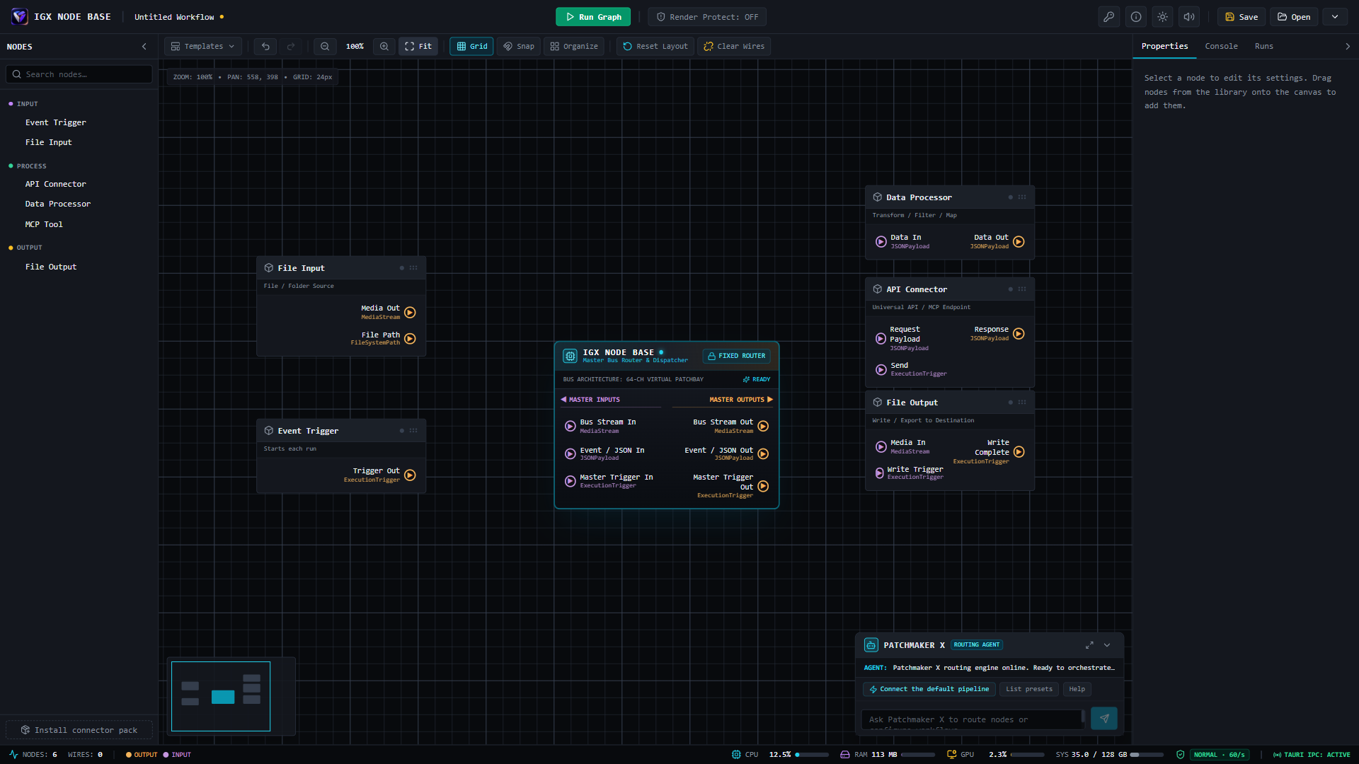 IGX Node Base node workstation with the default workflow around the central IGX Router