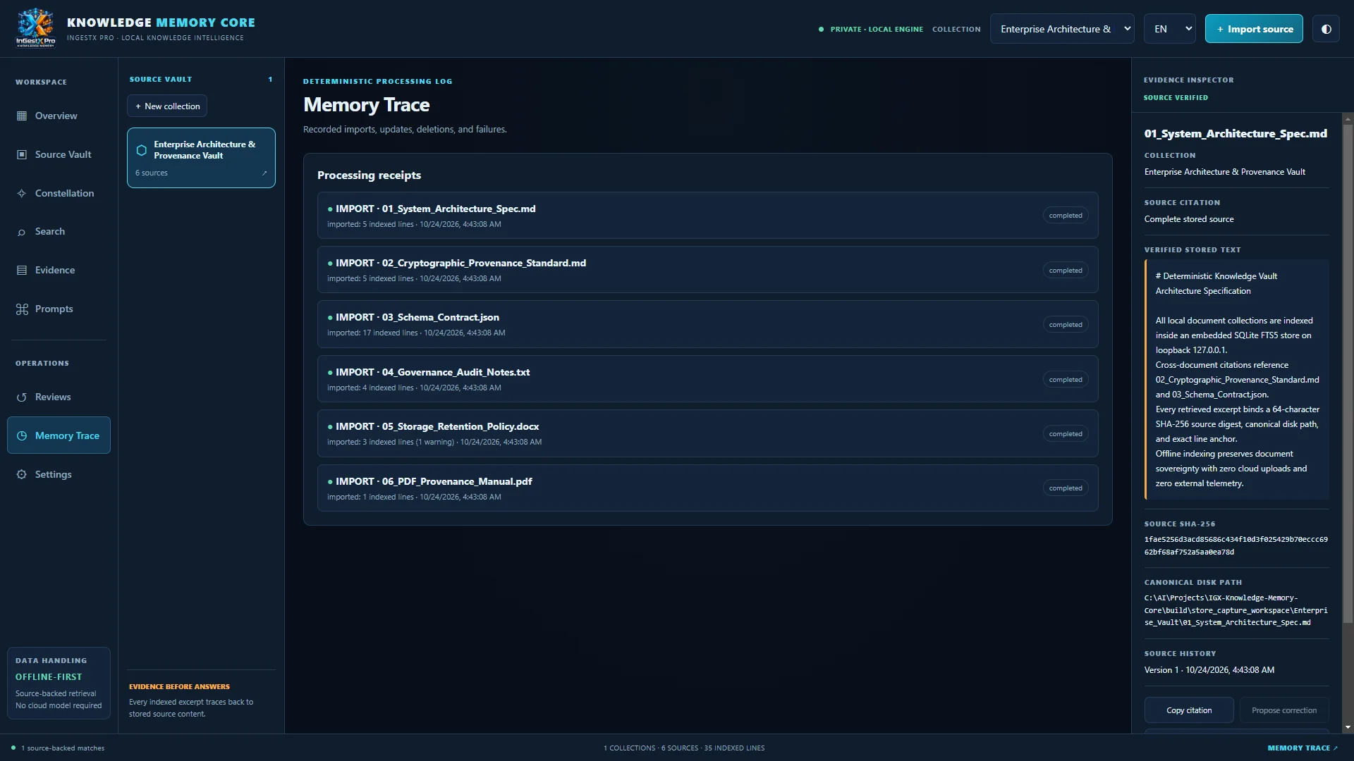Memory Trace audit log listing import, folder scan, duplicate skip and version update events