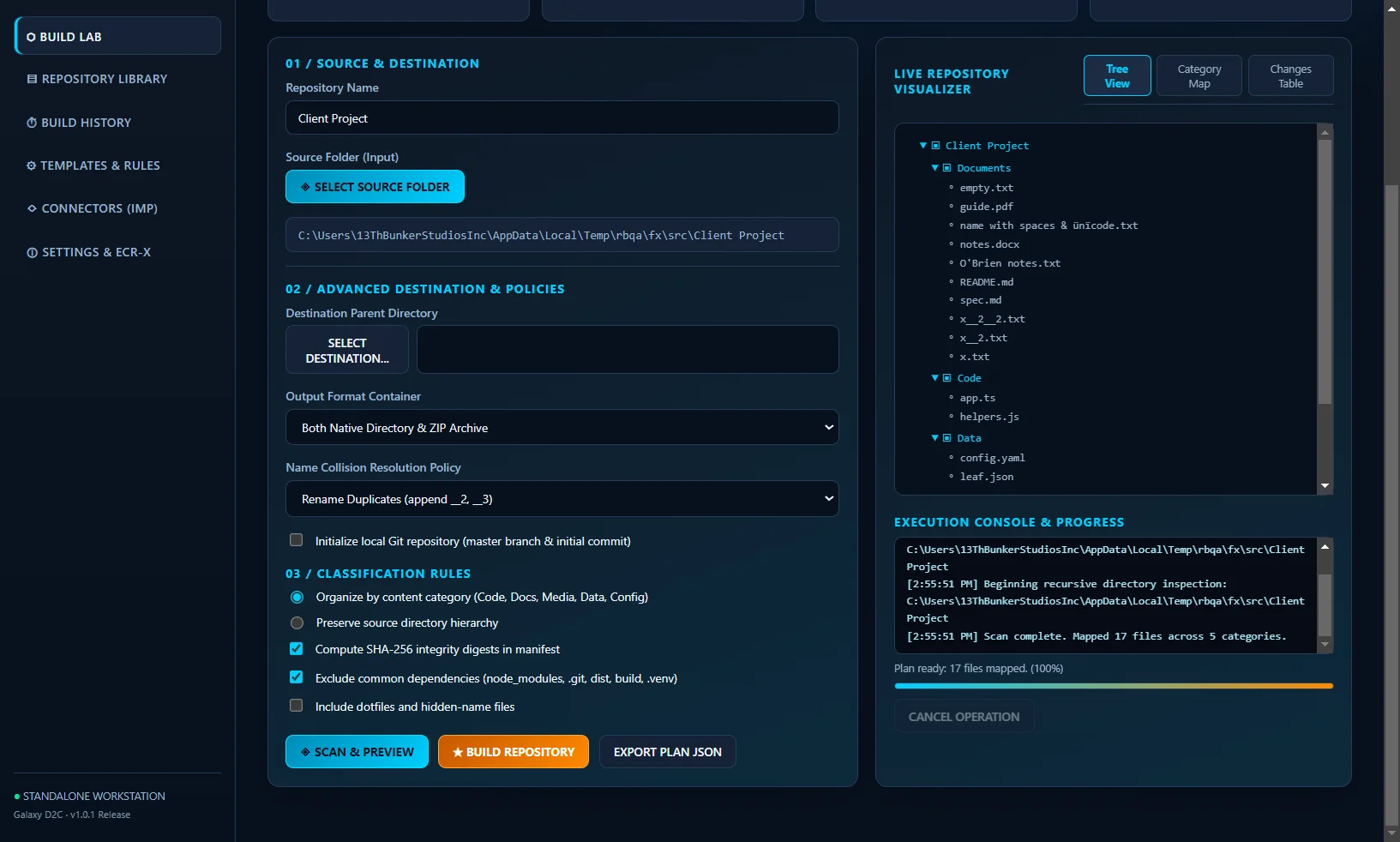 Advanced mode with destination, ZIP output, collision policy and Git options