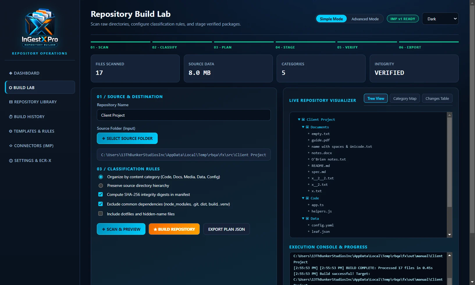 Completed build with file counts, checksums verified and output paths