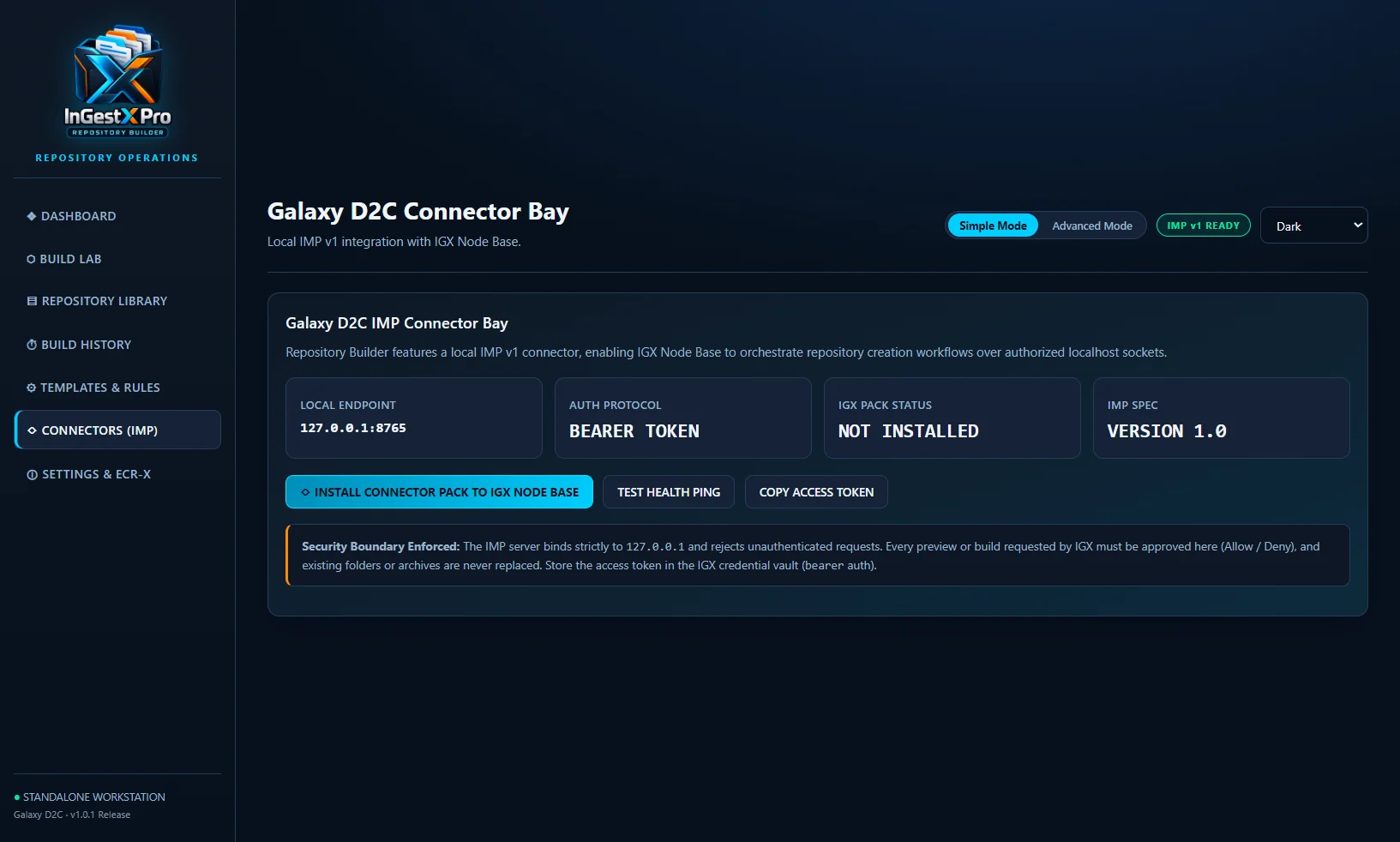 Connectors page with the local connector status and the IGX Node Base connector pack