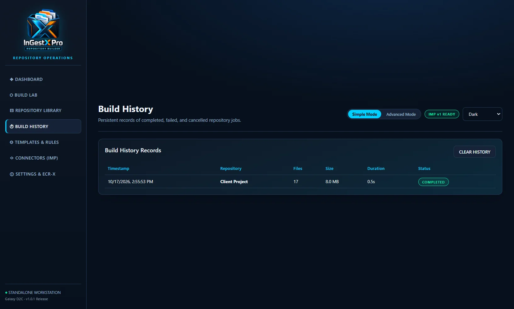 Build history listing completed, failed and cancelled builds