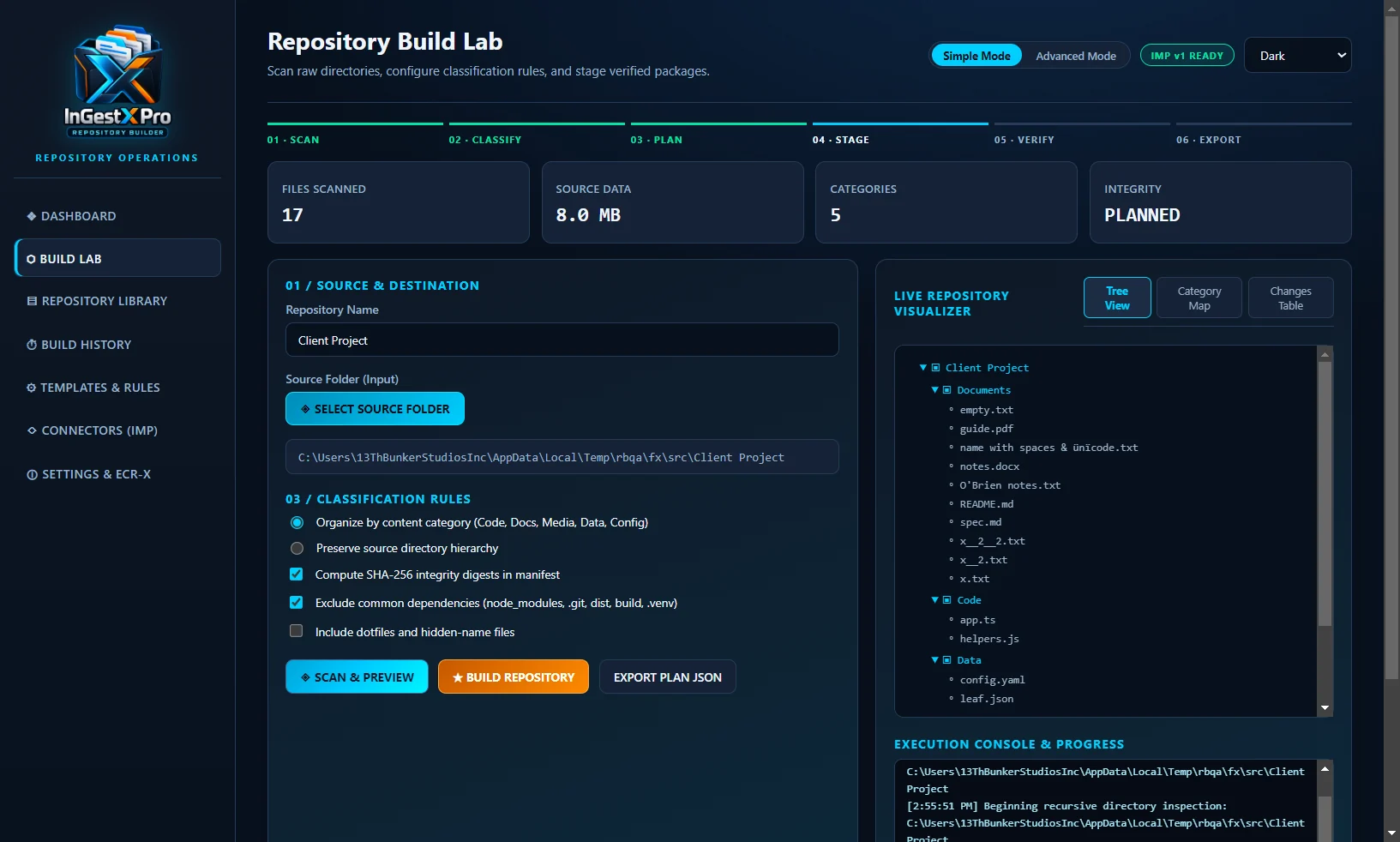 Actual InGestX Pro Repository Builder window: preview of a planned repository with categories and destinations